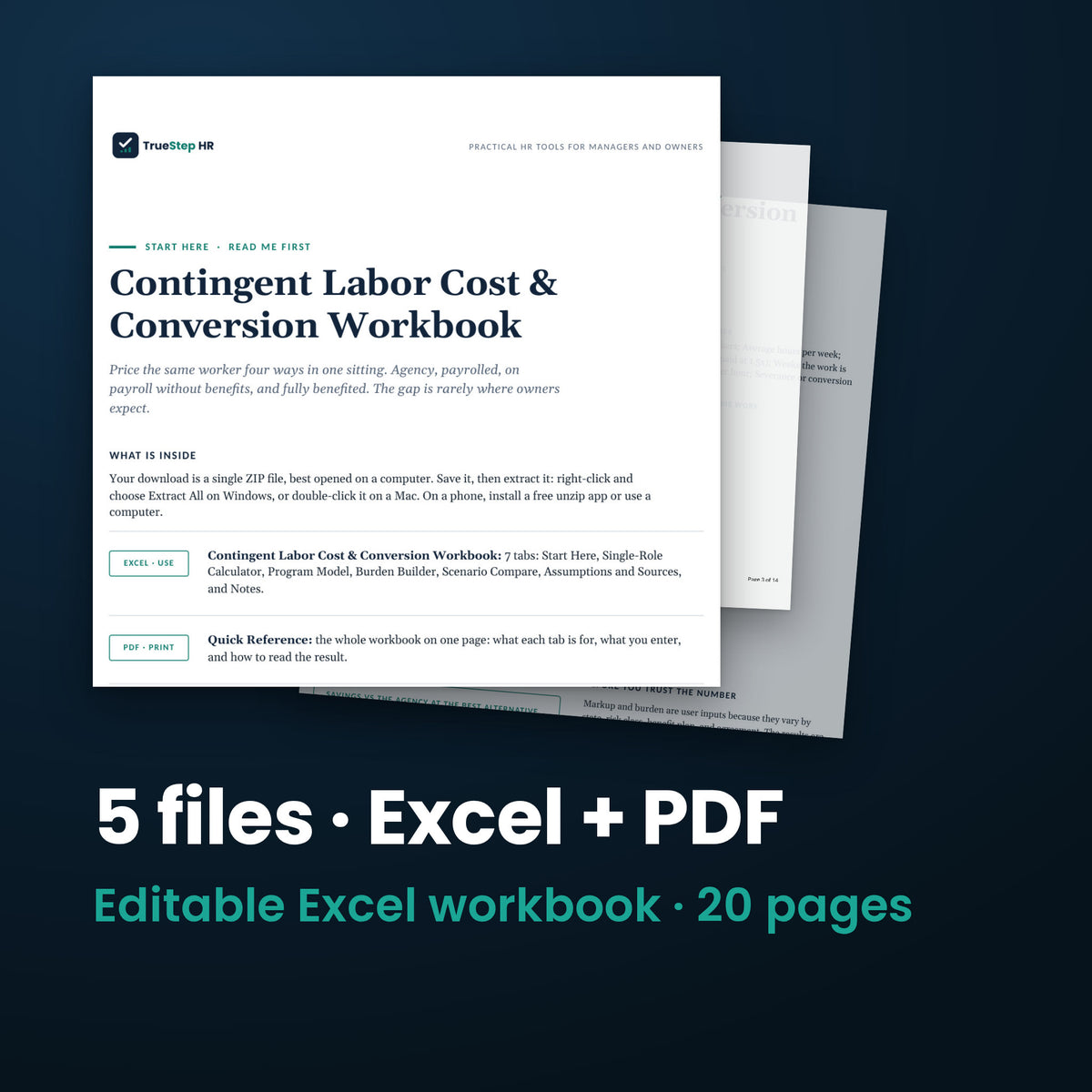Contingent Labor Cost and Conversion Workbook — the 5 files in this download shown as a stack of real pages: Excel + PDF, 20 pages in all.
