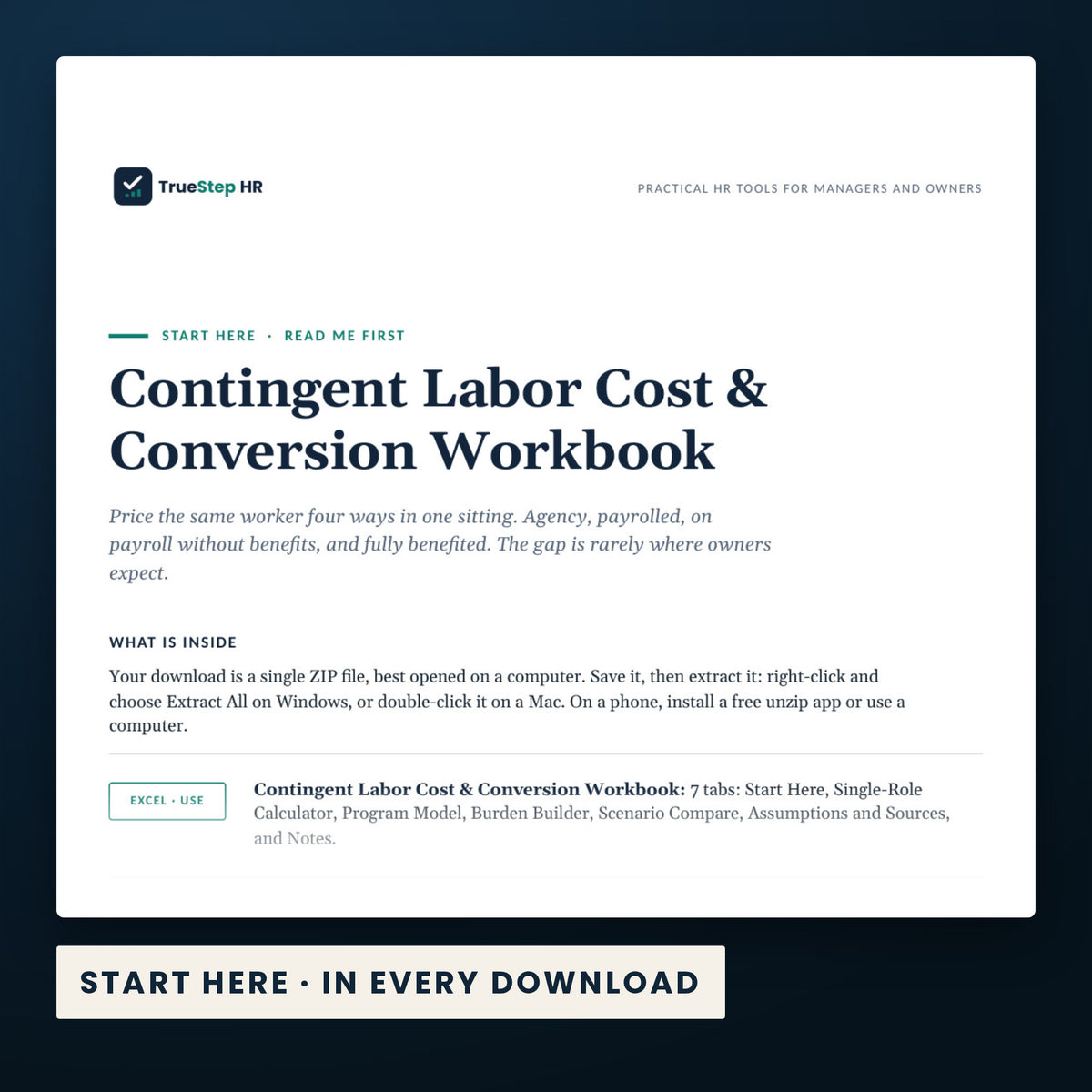Contingent Labor Cost and Conversion Workbook — the Start Here guide from the download, listing every file and the order to use them.
