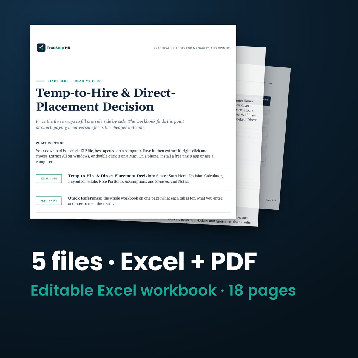 Temp-to-Hire and Direct-Placement Decision Workbook — the 5 files in this download shown as a stack of real pages: Excel + PDF, 18 pages in all.