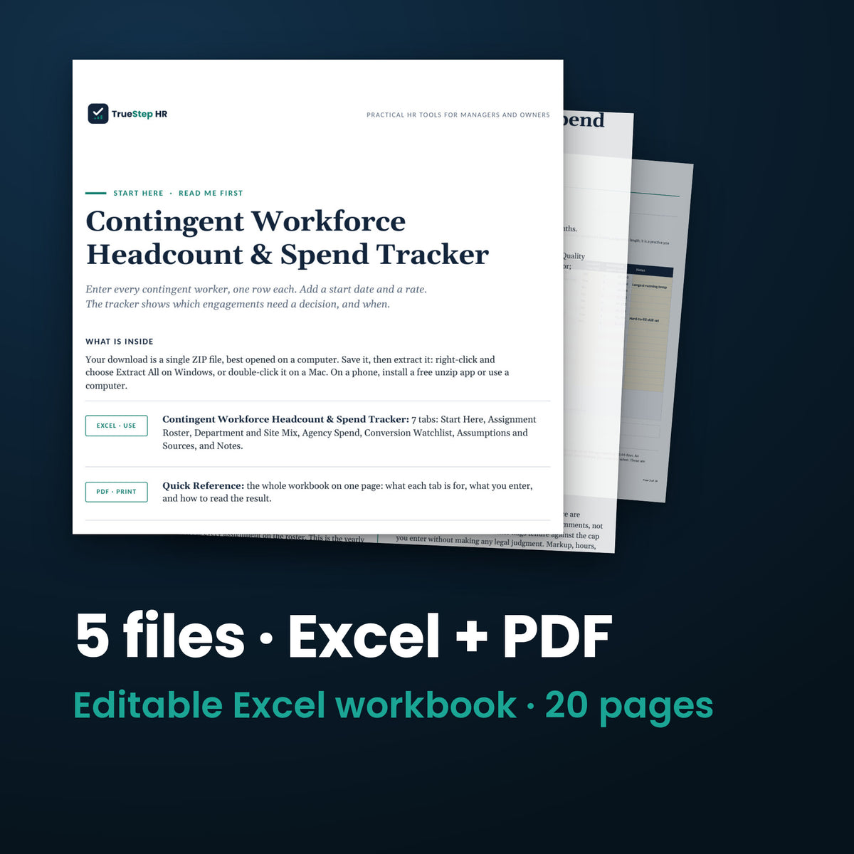 Contingent Workforce Headcount and Spend Tracker — the 5 files in this download shown as a stack of real pages: Excel + PDF, 20 pages in all.