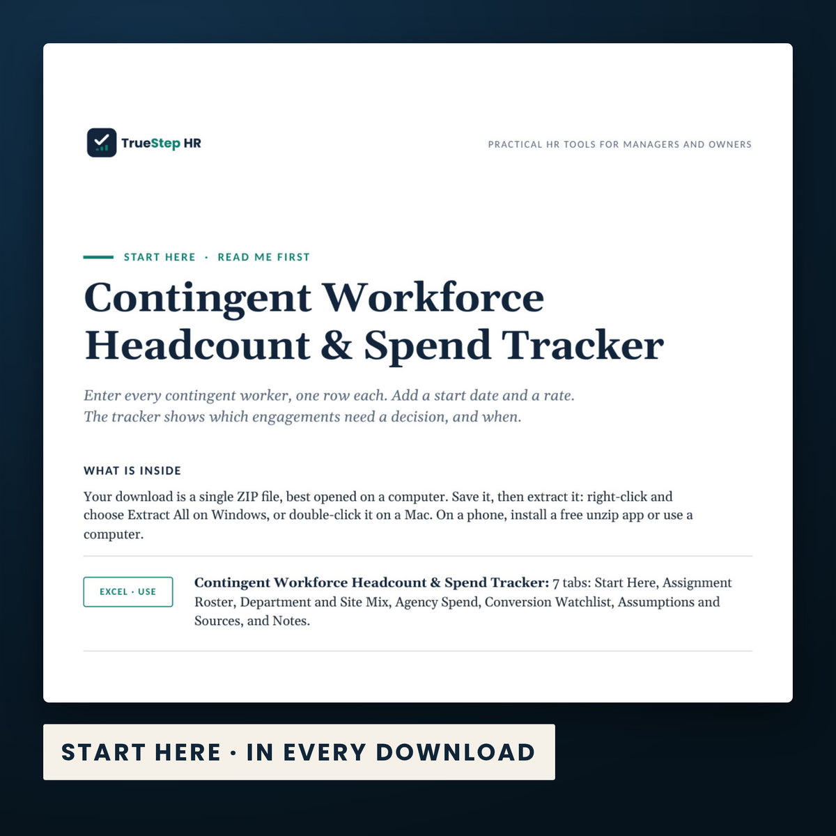 Contingent Workforce Headcount and Spend Tracker — the Start Here guide from the download, listing every file and the order to use them.