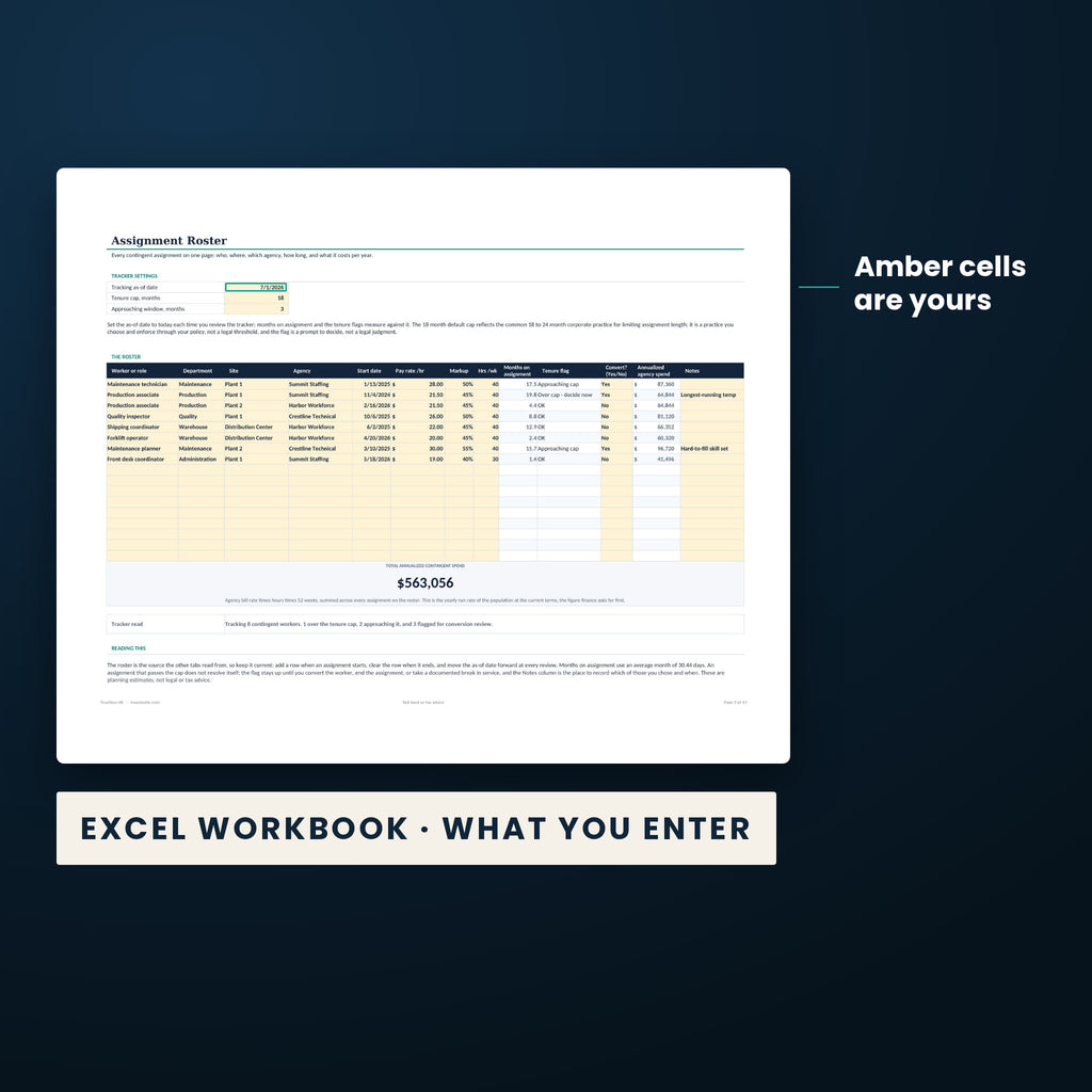 Contingent Workforce Headcount and Spend Tracker — the Excel workbook with the amber cells you fill in marked; the white cells calculate.