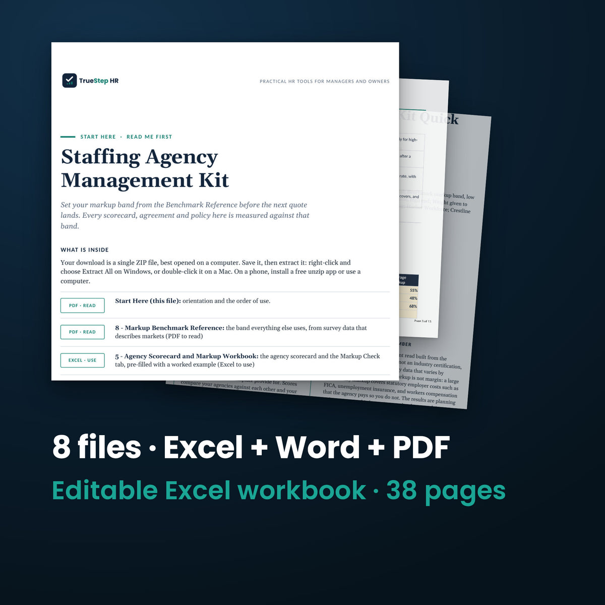 Staffing Agency Management Kit — the 8 files in this download shown as a stack of real pages: Excel + Word + PDF, 38 pages in all.