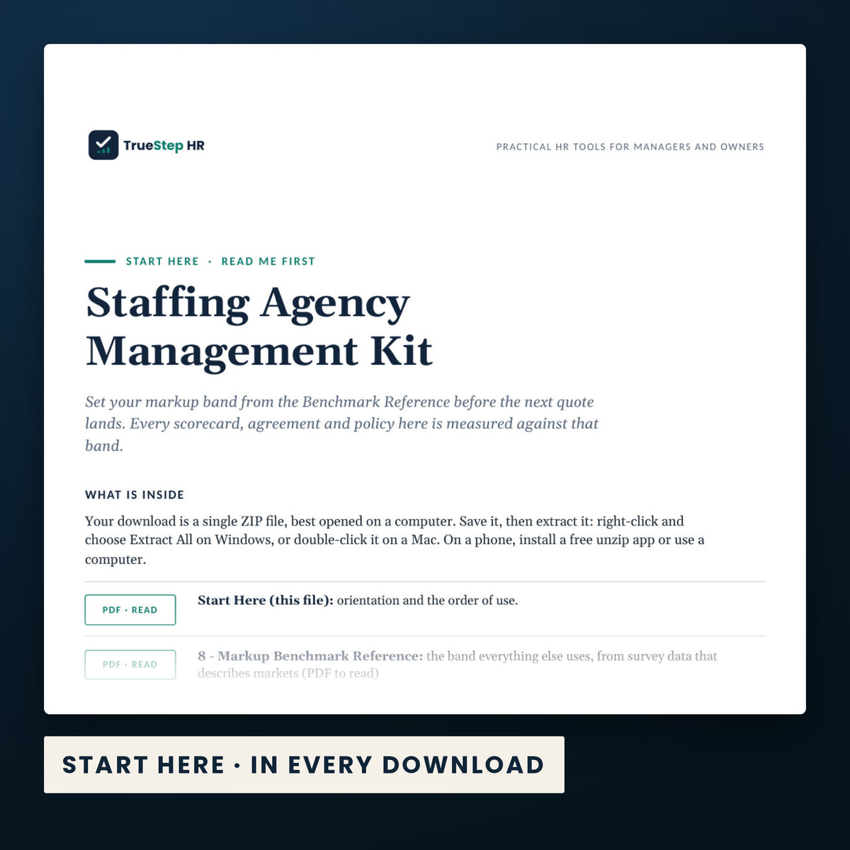 Staffing Agency Management Kit — the Start Here guide from the download, listing every file and the order to use them.