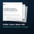 Contingent Workforce Cost and Compliance Kit — the 14 files in this download shown as a stack of real pages: Excel + Word + PDF, 97 pages in all.