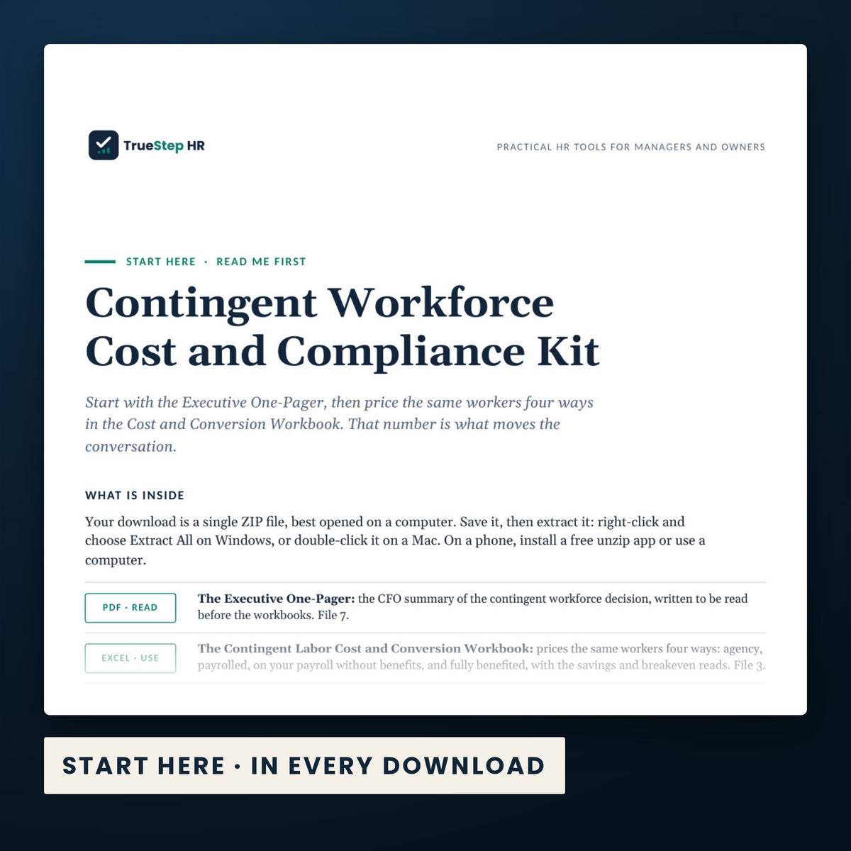 Contingent Workforce Cost and Compliance Kit — the Start Here guide from the download, listing every file and the order to use them.