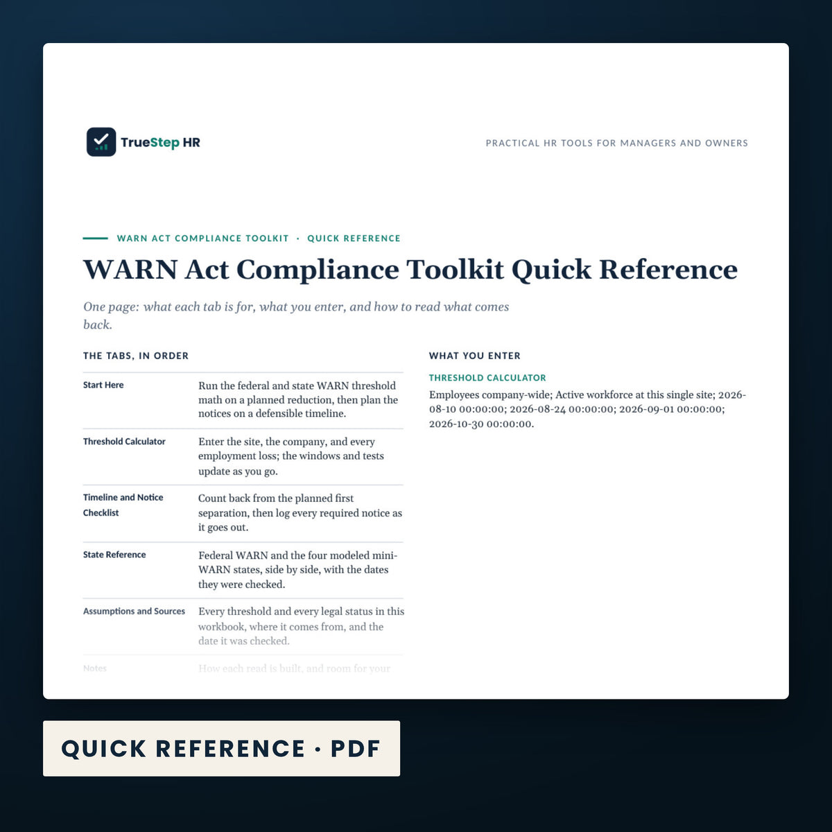 WARN Act Compliance Toolkit — a page from Quick Reference, one of the files in this download.