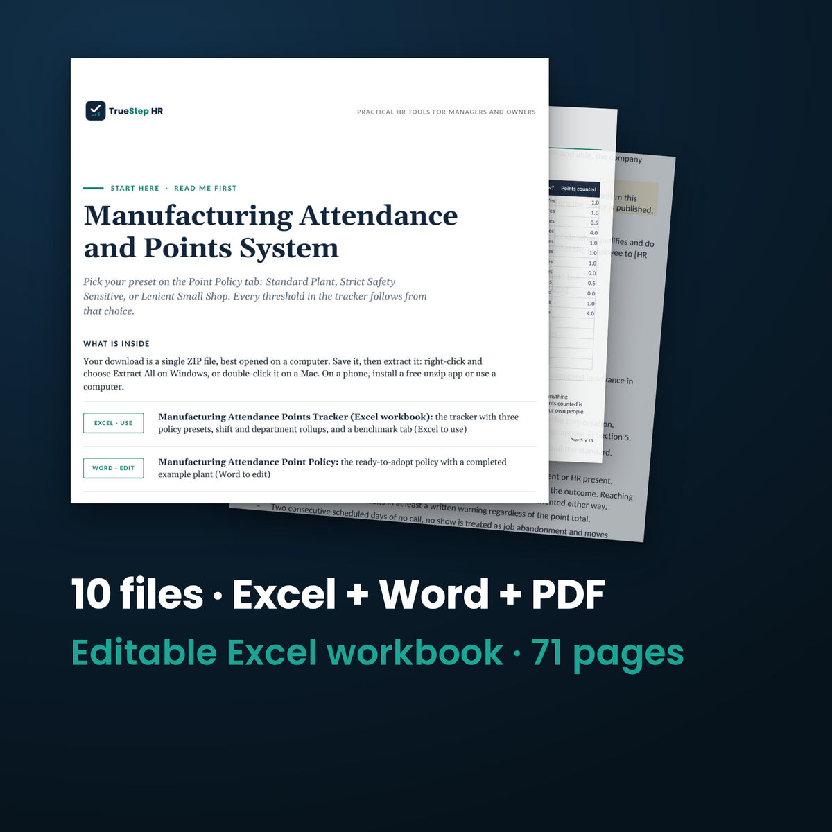 Manufacturing Attendance and Points System — the 10 files in this download shown as a stack of real pages: Excel + Word + PDF, 71 pages in all.