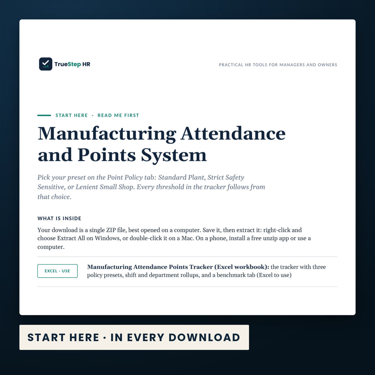 Manufacturing Attendance and Points System — the Start Here guide from the download, listing every file and the order to use them.