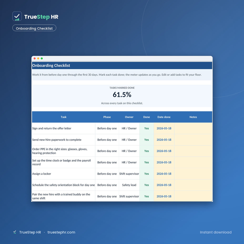 Plant onboarding checklist, first 90 days