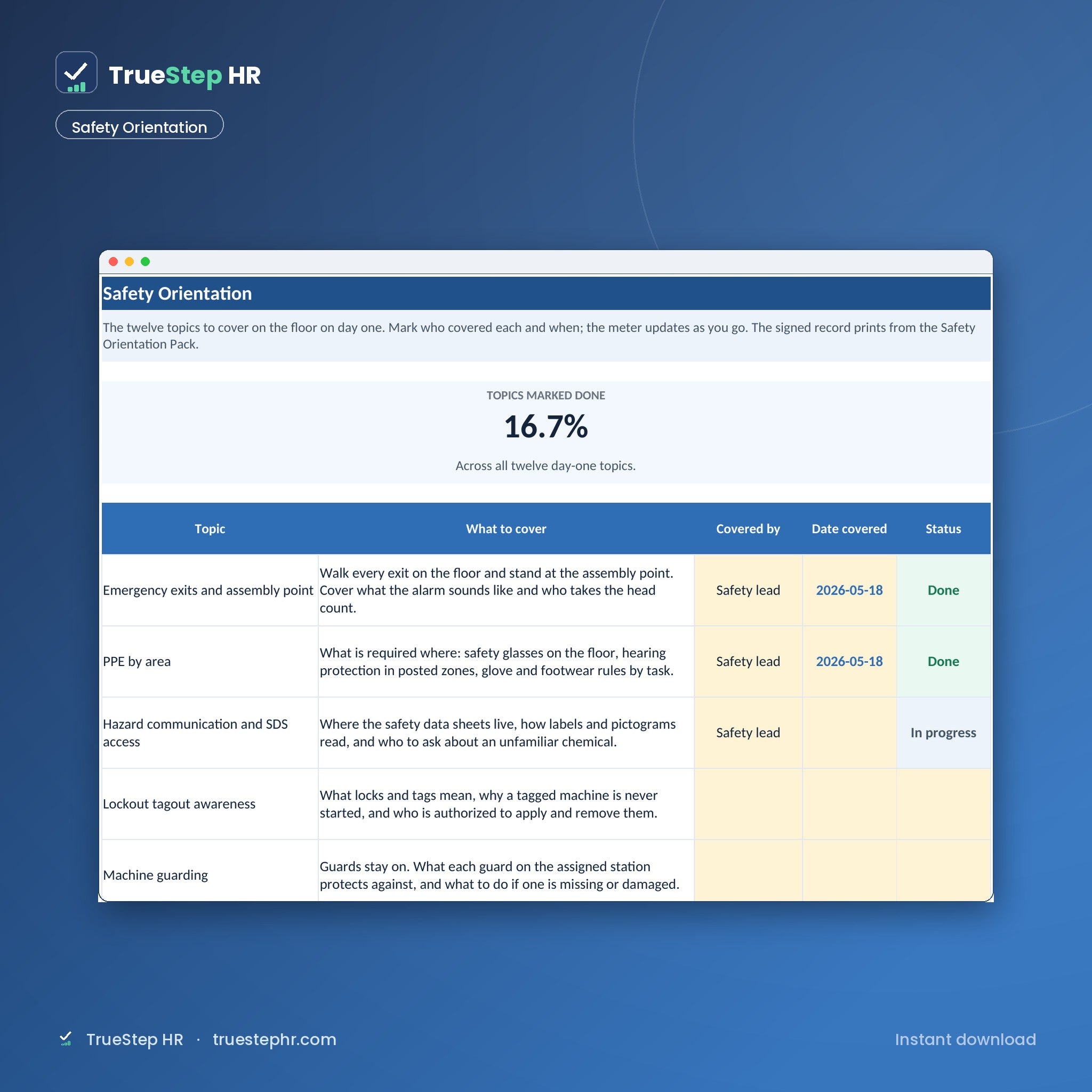 Safety orientation checklist
