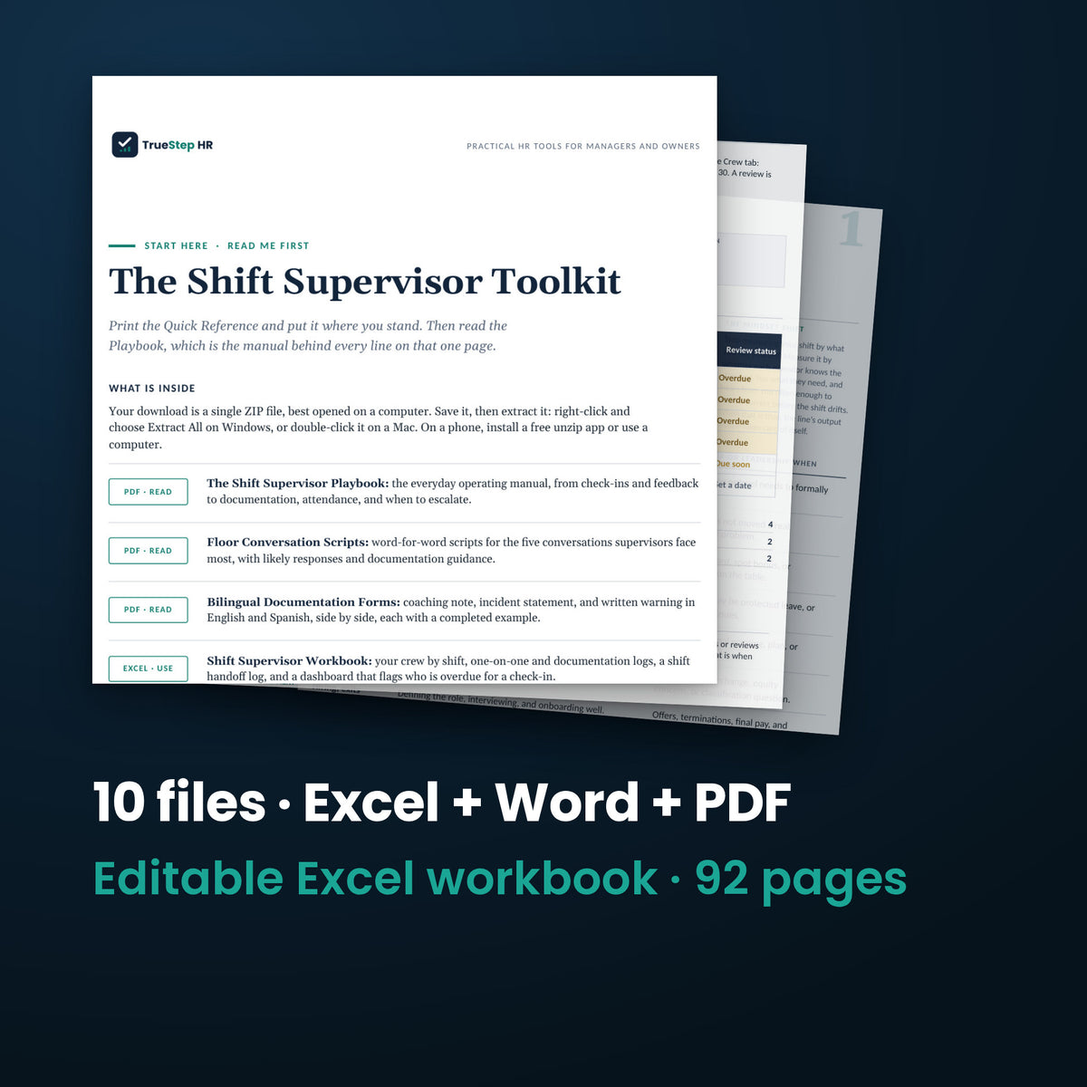 Shift Supervisor Toolkit — the 10 files in this download shown as a stack of real pages: Excel + Word + PDF, 92 pages in all.