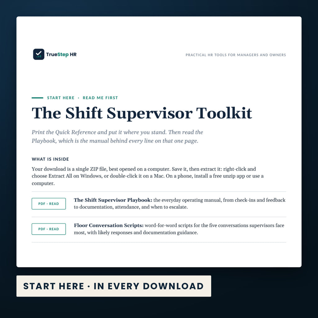 Shift Supervisor Toolkit — the Start Here guide from the download, listing every file and the order to use them.