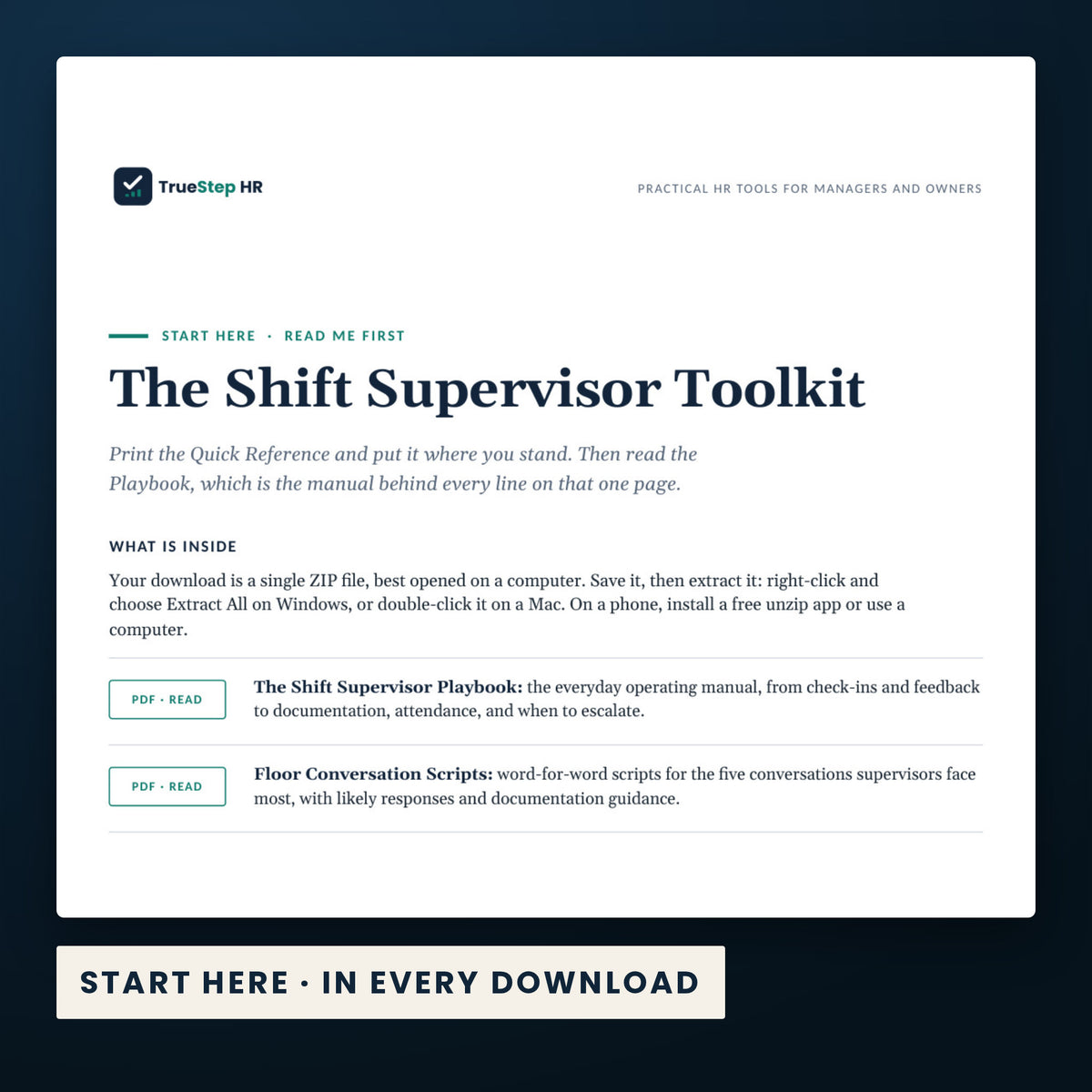 Shift Supervisor Toolkit — the Start Here guide from the download, listing every file and the order to use them.