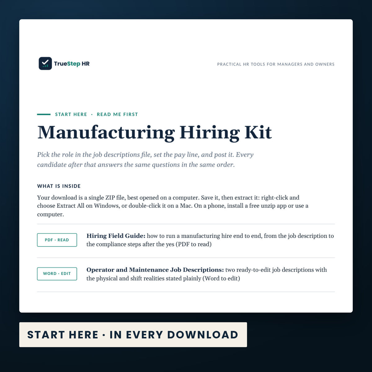 Manufacturing Hiring Kit — the Start Here guide from the download, listing every file and the order to use them.