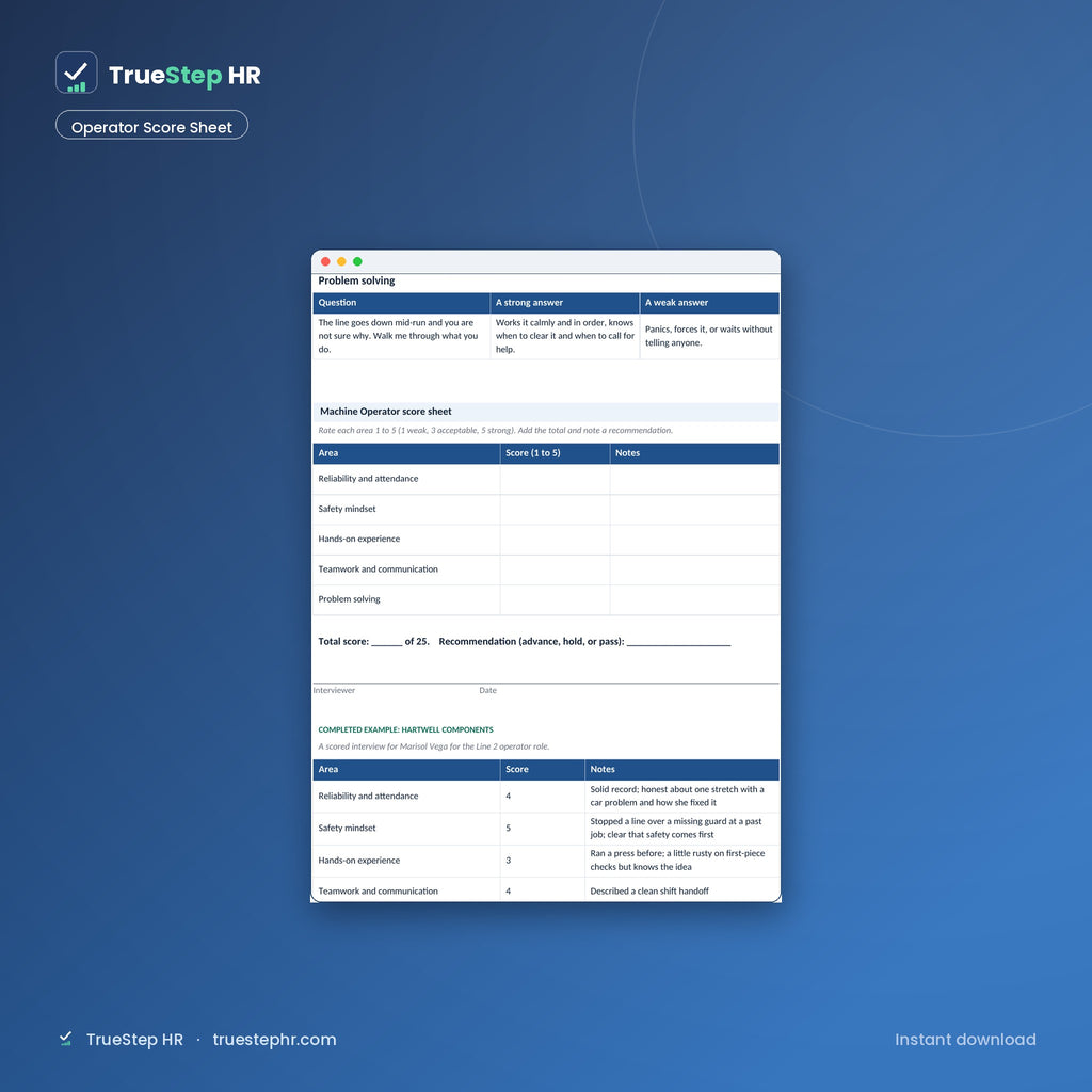 Structured interview operator score sheet
