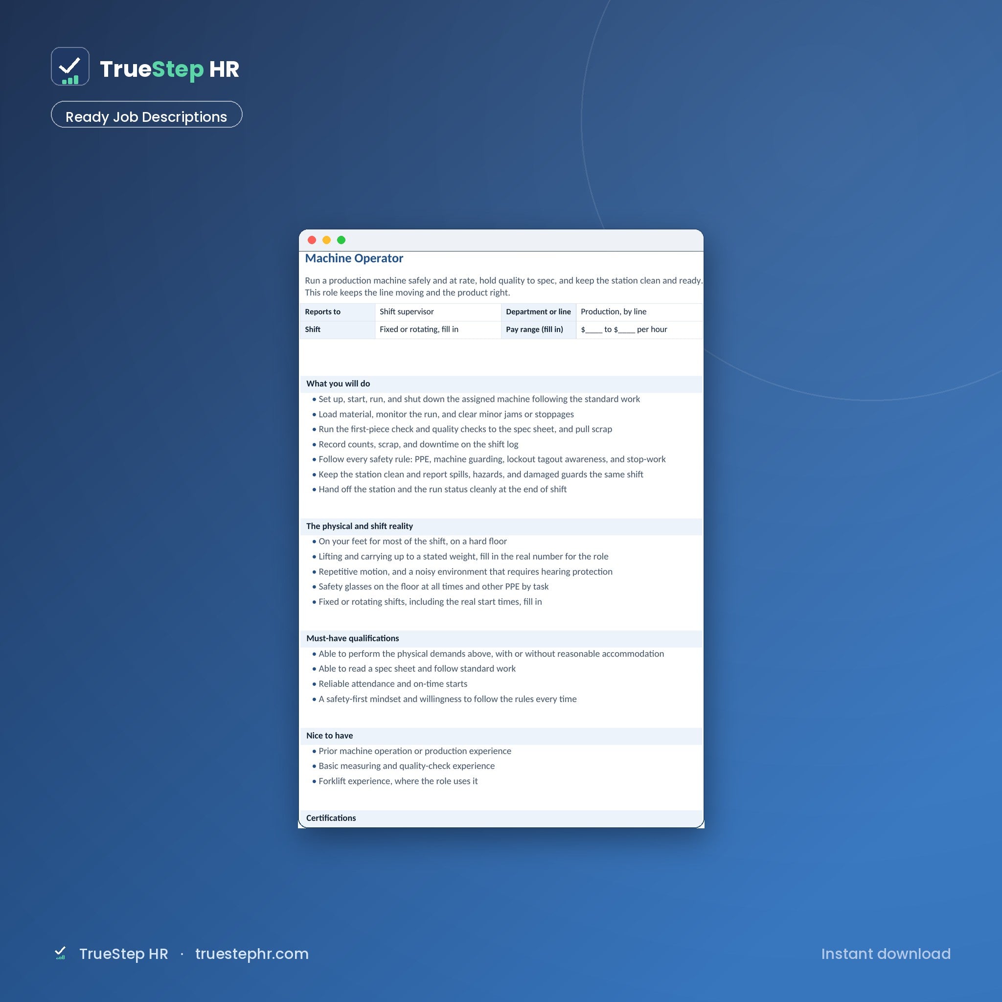 Operator and maintenance job descriptions