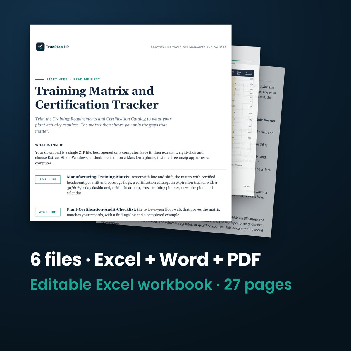Training Matrix and Certification Tracker, Manufacturing Edition — the 6 files in this download shown as a stack of real pages: Excel + Word + PDF, 27 pages in all.