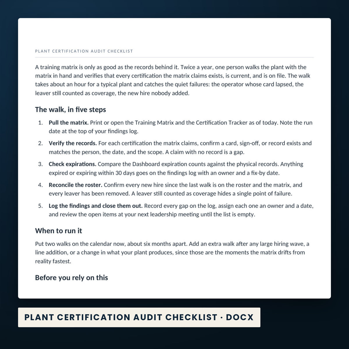 Training Matrix and Certification Tracker, Manufacturing Edition — a page from Plant Certification Audit Checklist, one of the files in this download.