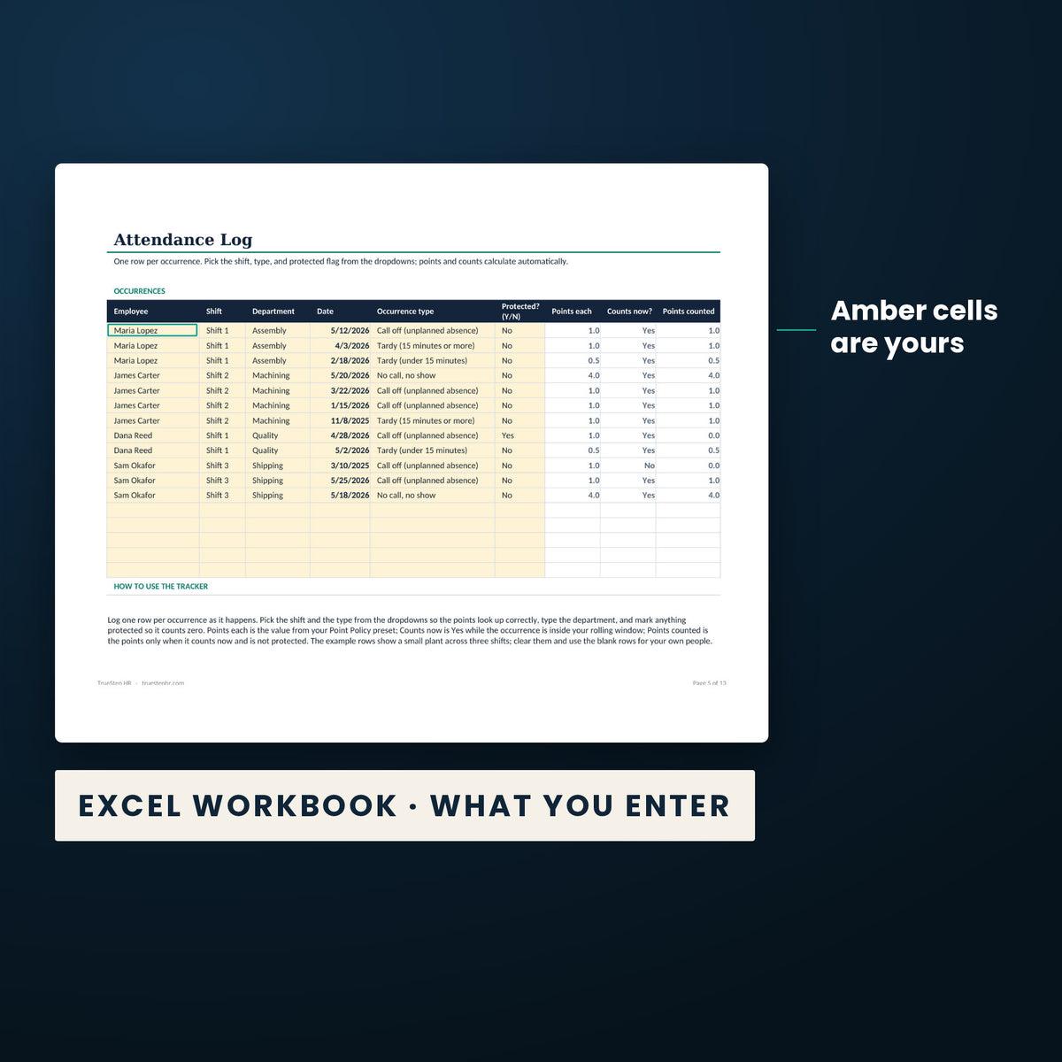 Plant HR Manager Complete System — the Excel workbook with the amber cells you fill in marked; the white cells calculate.
