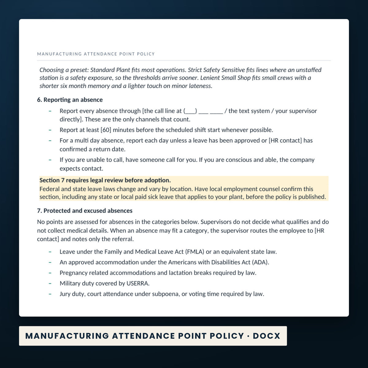 Plant HR Manager Complete System — a page from Manufacturing Attendance Point Policy, one of the files in this download.