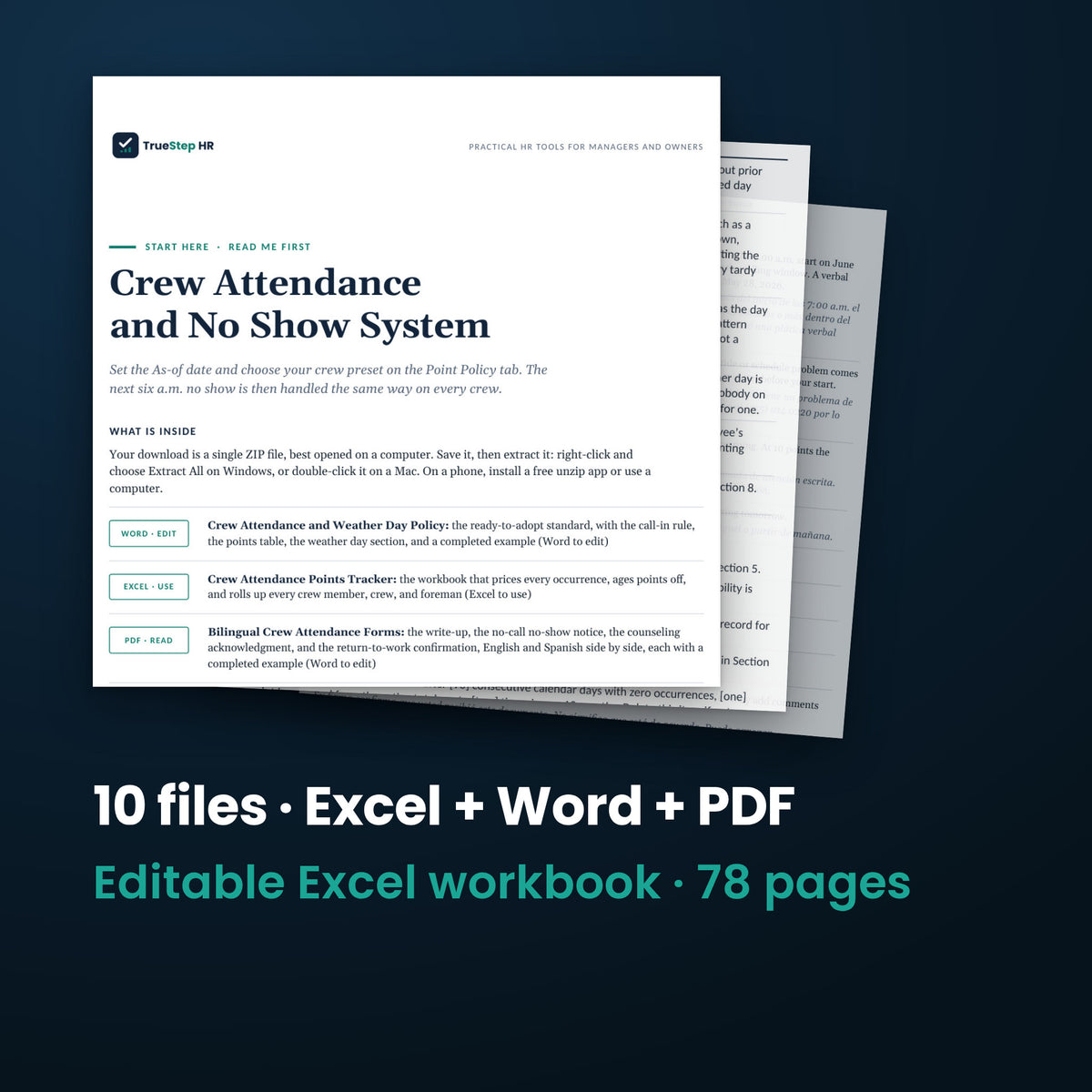 Crew Attendance and No-Show System — the 10 files in this download shown as a stack of real pages: Excel + Word + PDF, 78 pages in all.