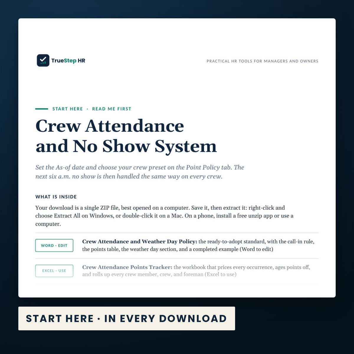 Crew Attendance and No-Show System — the Start Here guide from the download, listing every file and the order to use them.