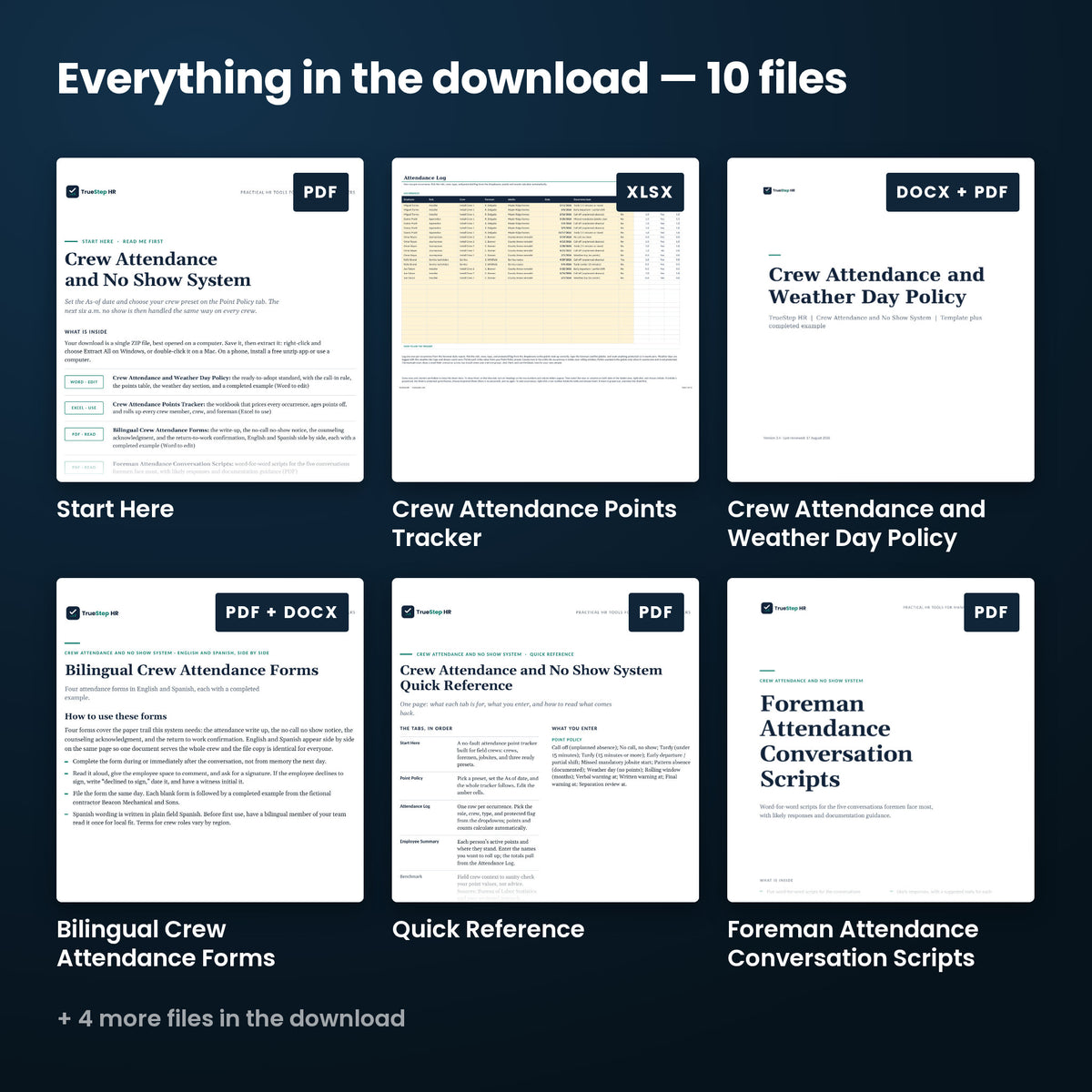 Crew Attendance and No-Show System — every file in the download side by side: Start Here, Crew Attendance and Weather Day Policy, Bilingual Crew Attendance Forms, and more.