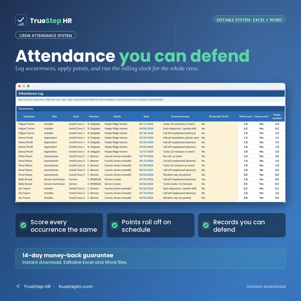 TrueStep HR Crew Attendance and No-Show System, editable Excel and Word
