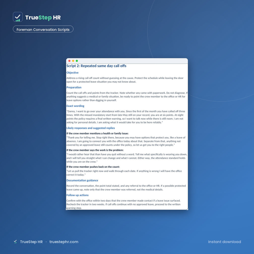 Foreman attendance conversation scripts