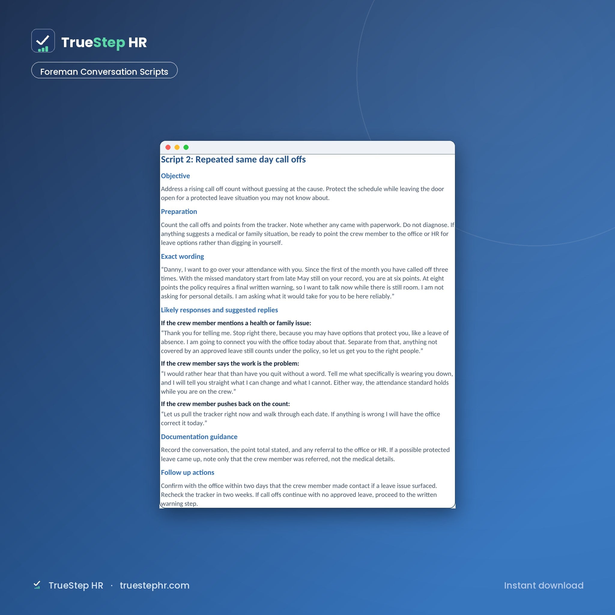 Foreman attendance conversation scripts