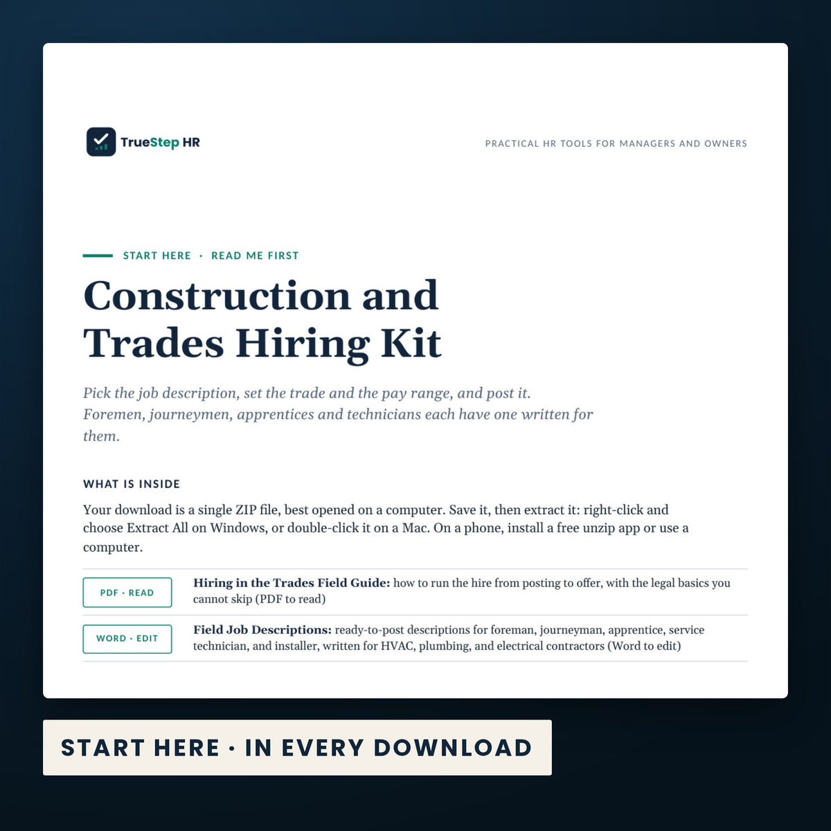 Construction and Trades Hiring Kit — the Start Here guide from the download, listing every file and the order to use them.