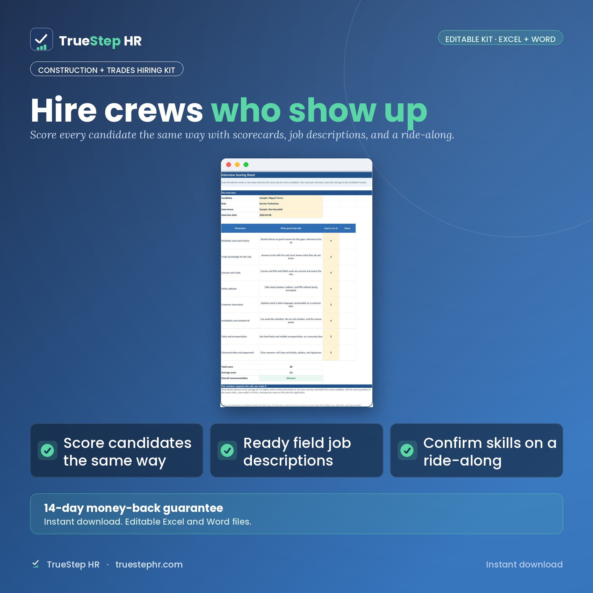 TrueStep HR Construction and Trades Hiring Kit, editable Excel and Word