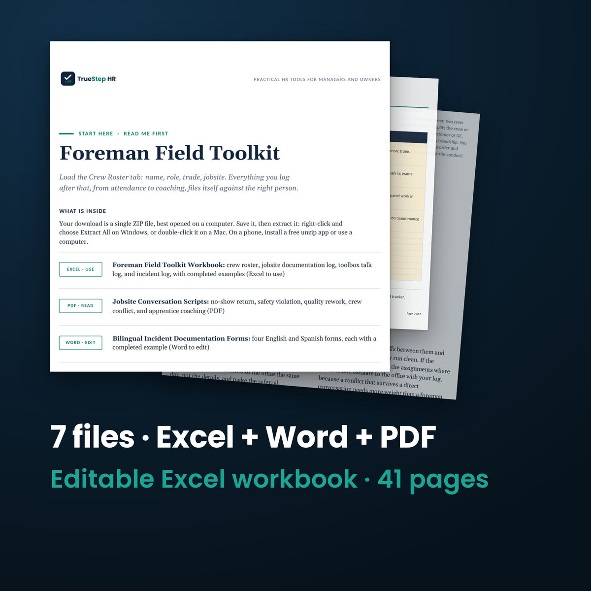 Foreman Field Toolkit — the 7 files in this download shown as a stack of real pages: Excel + Word + PDF, 41 pages in all.