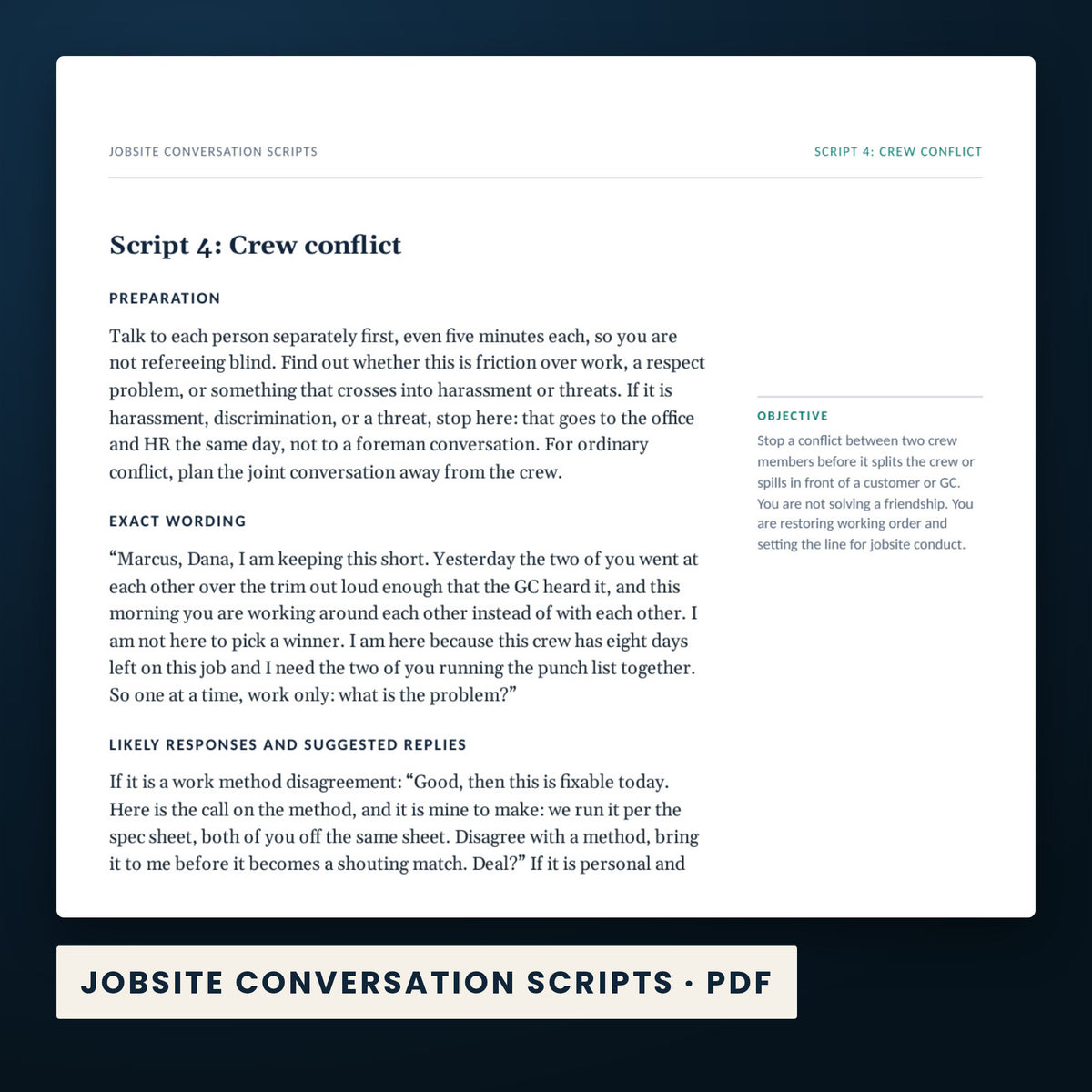 Foreman Field Toolkit — a page from Jobsite Conversation Scripts, one of the files in this download.