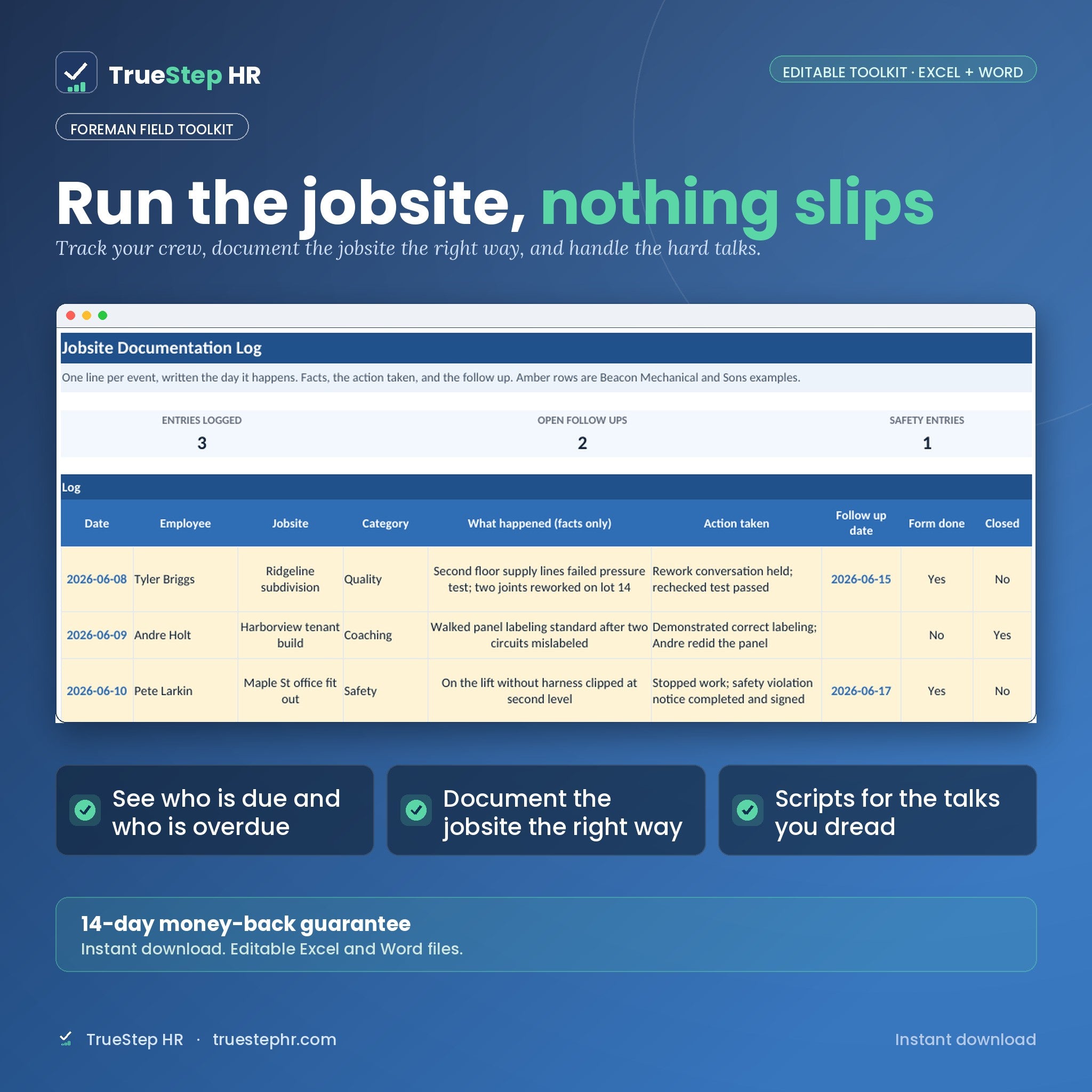 TrueStep HR Foreman Field Toolkit, editable Excel and Word