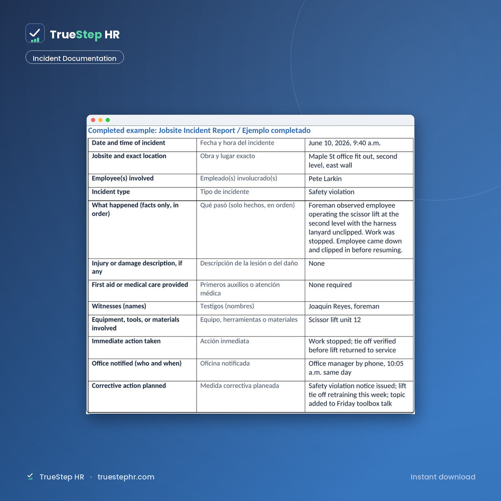 Bilingual incident documentation, completed example