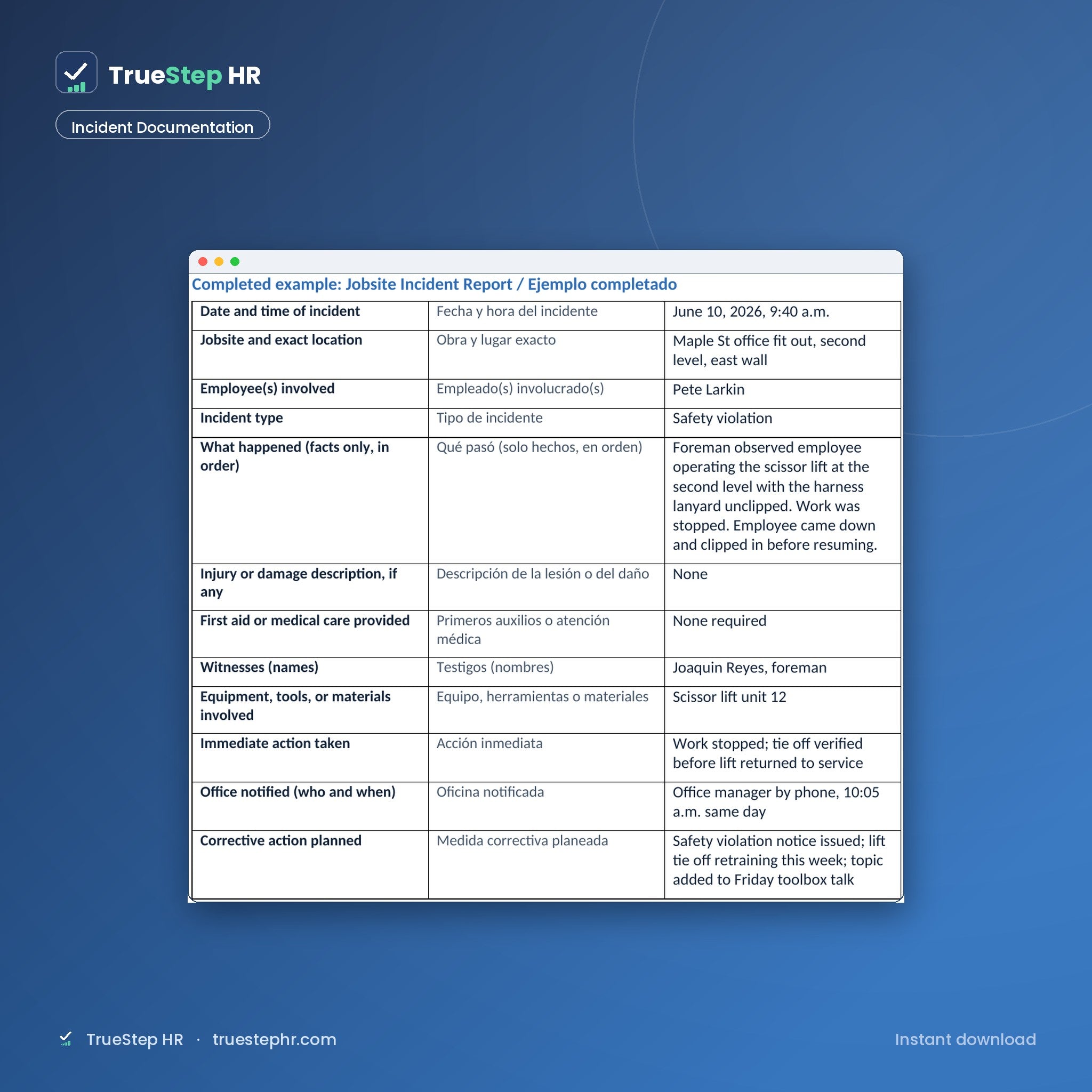 Bilingual incident documentation, completed example