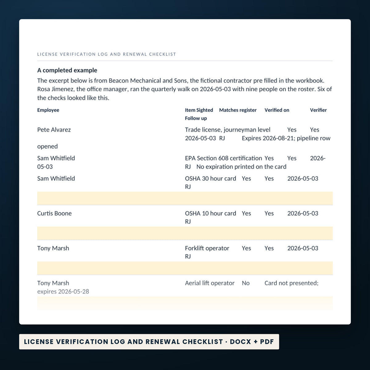 License and Certification Tracker, Trades Edition — a page from License Verification Log and Renewal Checklist, one of the files in this download.