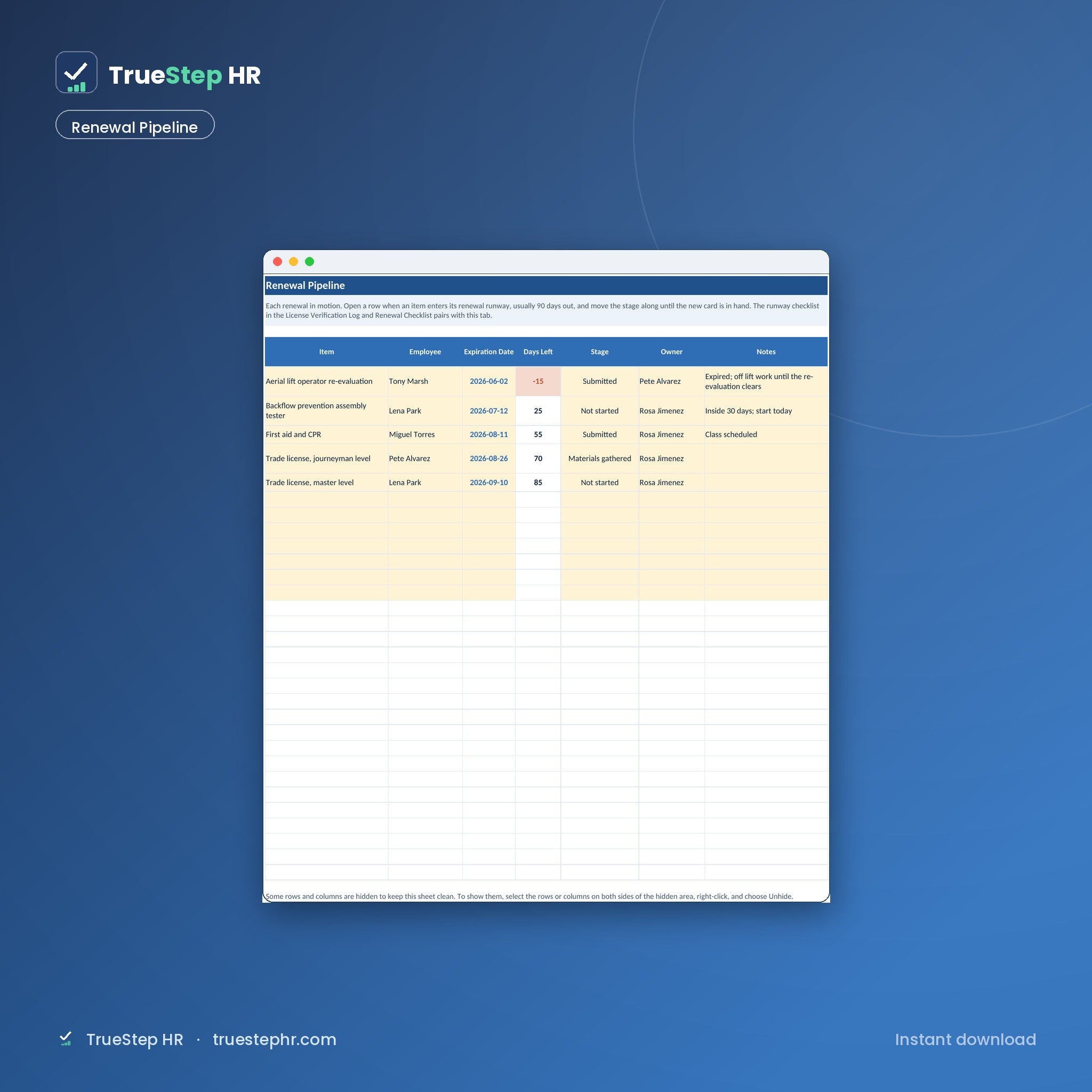 Renewal pipeline with countdowns