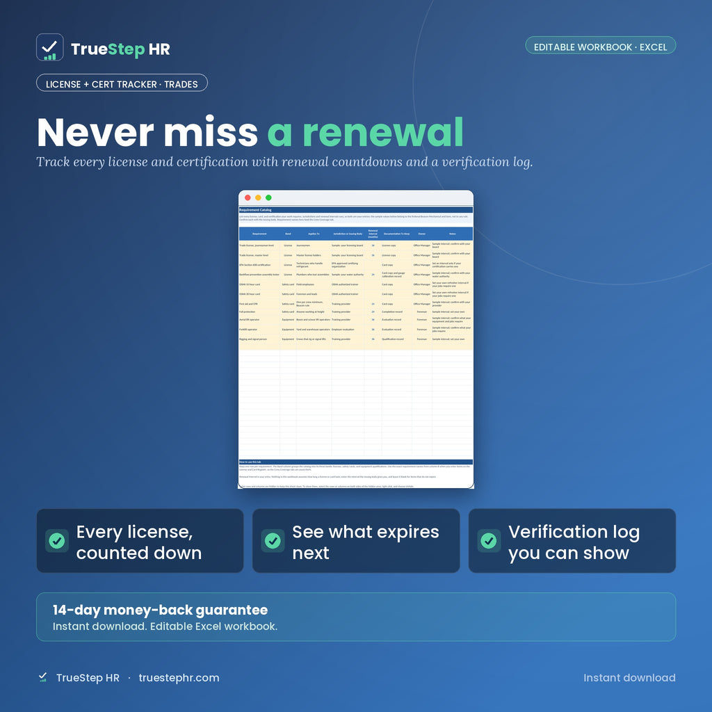 TrueStep HR License and Certification Tracker, Trades Edition, editable Excel