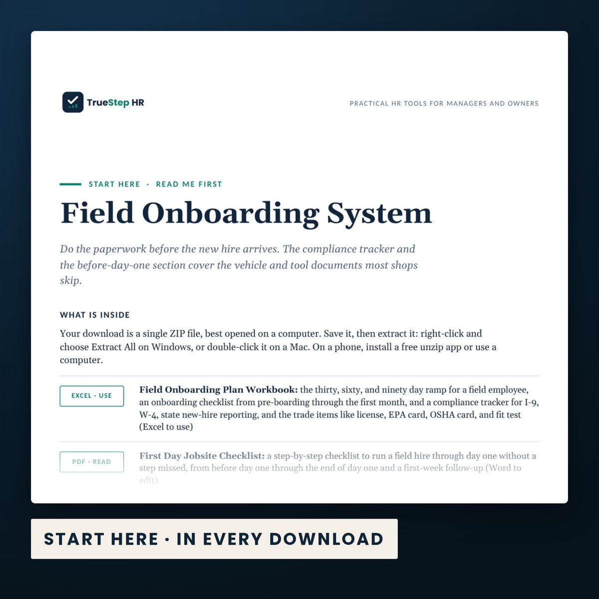 Field Onboarding System — the Start Here guide from the download, listing every file and the order to use them.