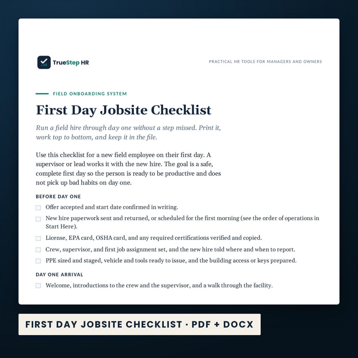 Field Onboarding System — a page from First Day Jobsite Checklist, one of the files in this download.