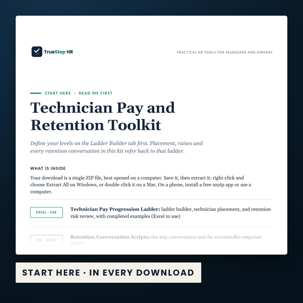 Technician Pay and Retention Toolkit — the Start Here guide from the download, listing every file and the order to use them.