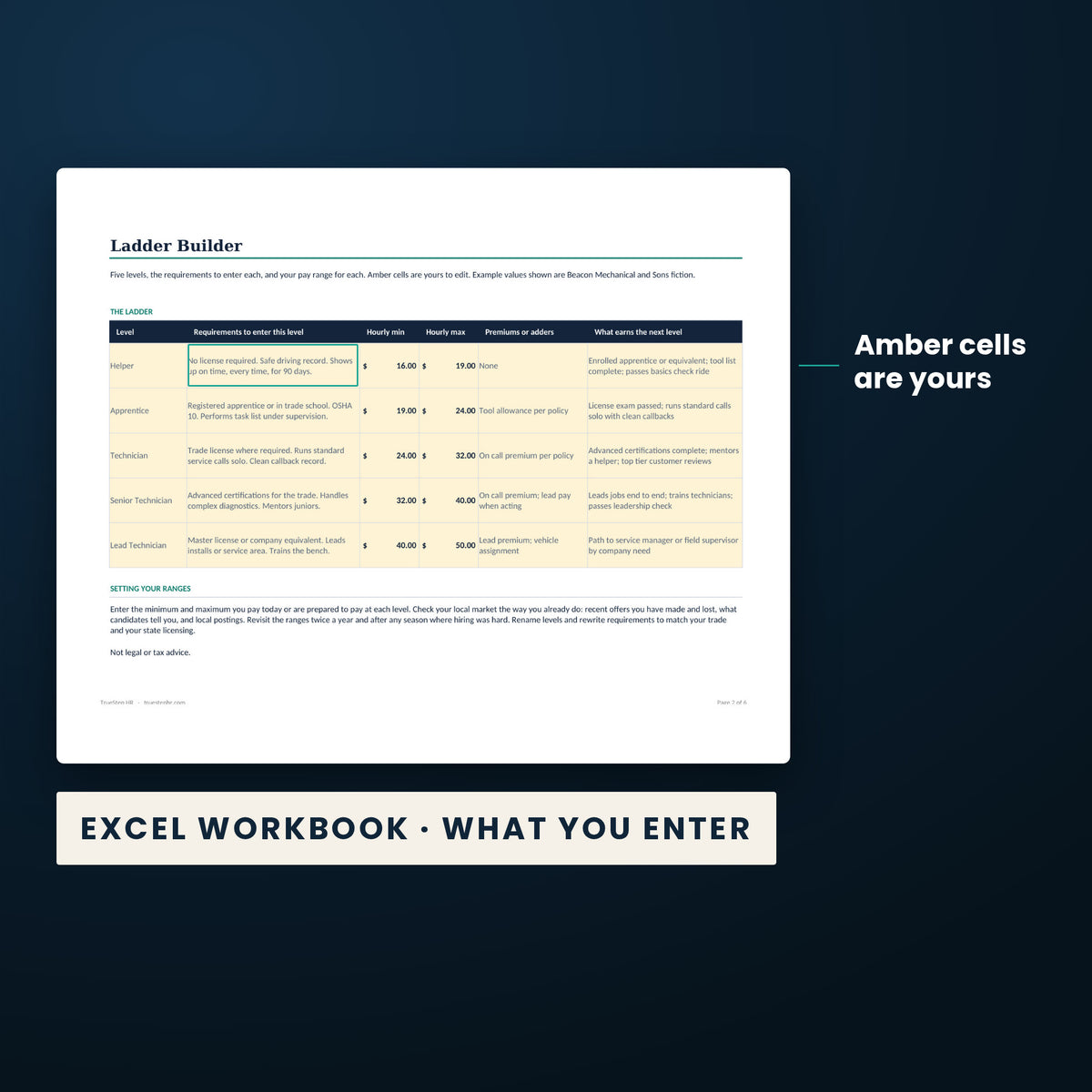 Technician Pay and Retention Toolkit — the Excel workbook with the amber cells you fill in marked; the white cells calculate.