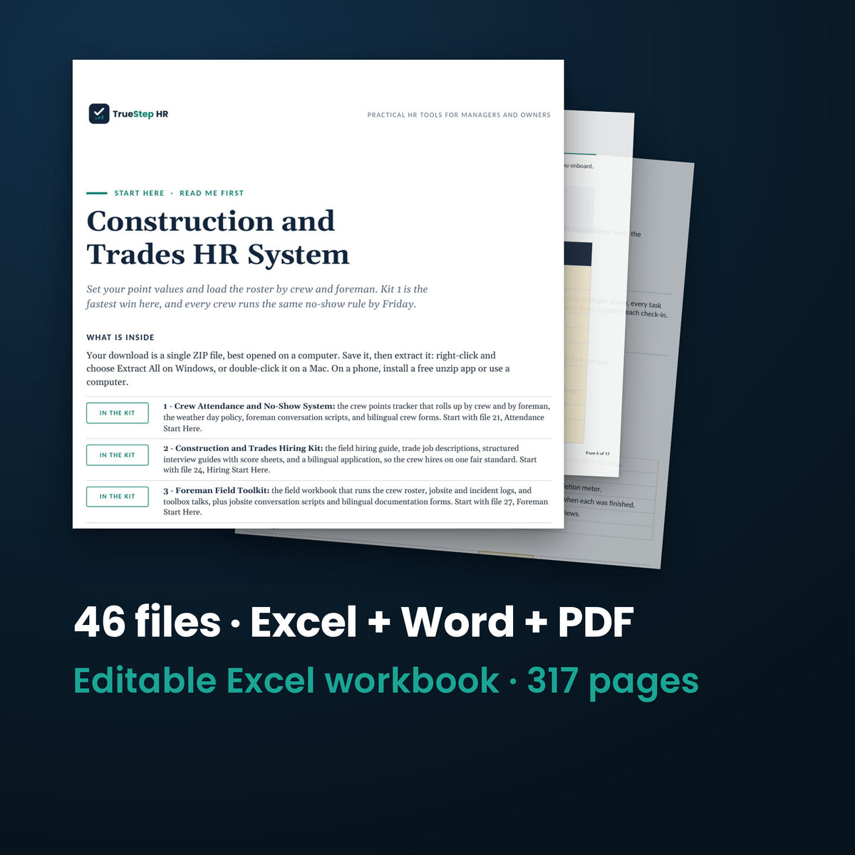 Construction and Trades HR System — the 46 files in this download shown as a stack of real pages: Excel + Word + PDF, 317 pages in all.