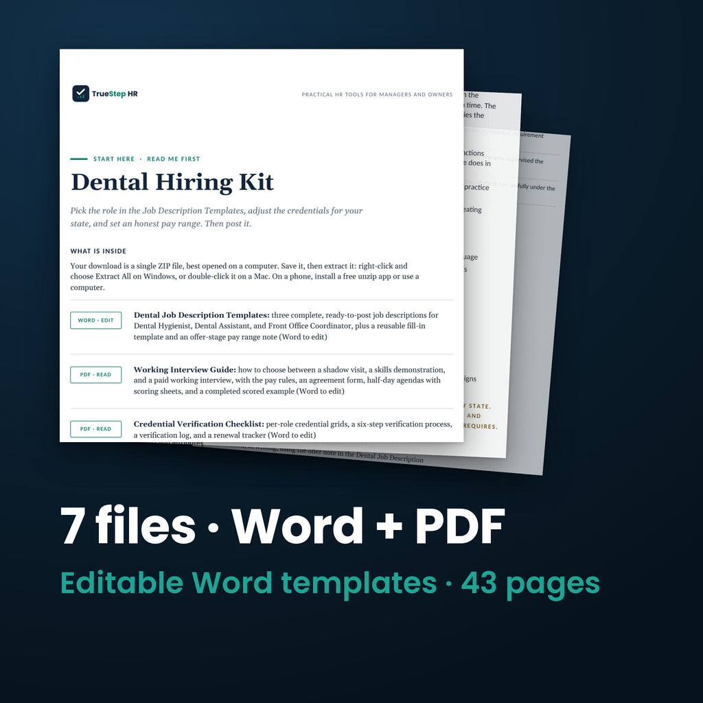 Dental Hiring Kit — the 7 files in this download shown as a stack of real pages: Word + PDF, 43 pages in all.