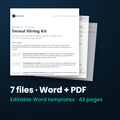 Dental Hiring Kit — the 7 files in this download shown as a stack of real pages: Word + PDF, 43 pages in all.