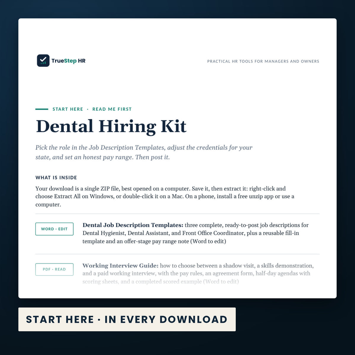 Dental Hiring Kit — the Start Here guide from the download, listing every file and the order to use them.