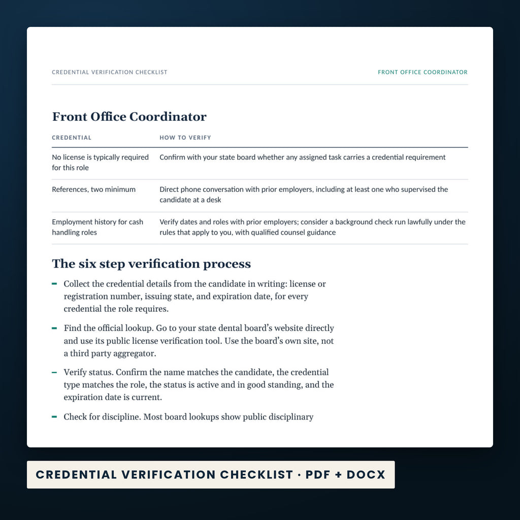 Dental Hiring Kit — a page from Credential Verification Checklist, one of the files in this download.
